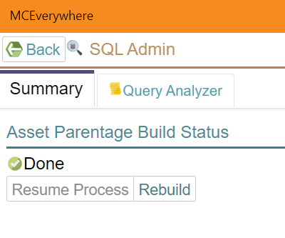 Shows the Asset Parentage Build status UI and where the REBUILD button is.